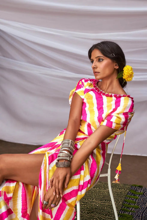 Boat Neck Leheriya Dress With Tassel Embroidery